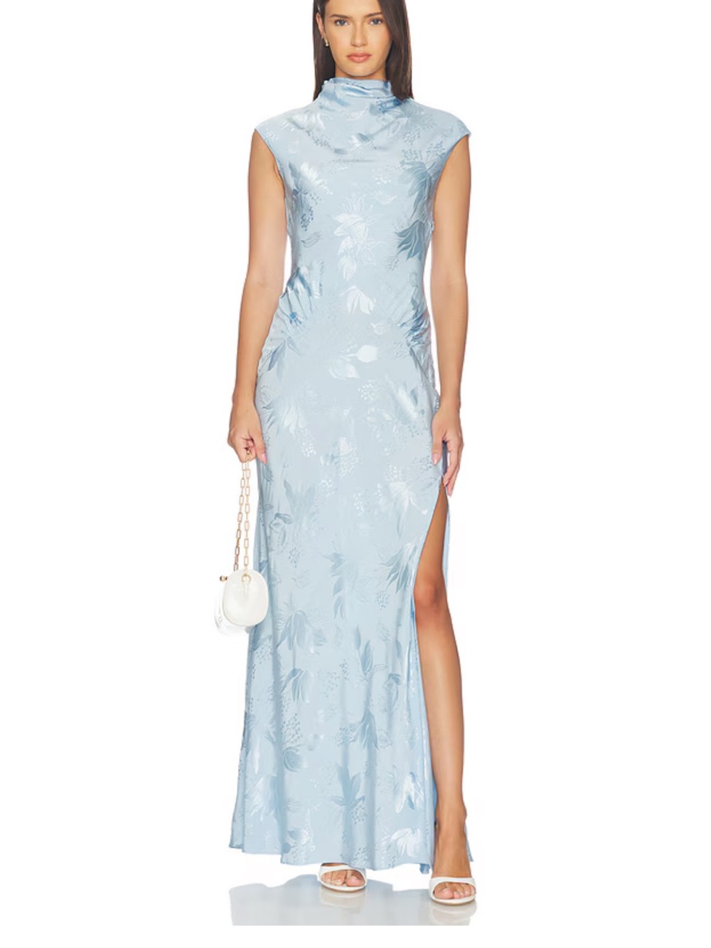 L'Academie Pale Blue Floral Maxi Dress with High Neck and Side Slit